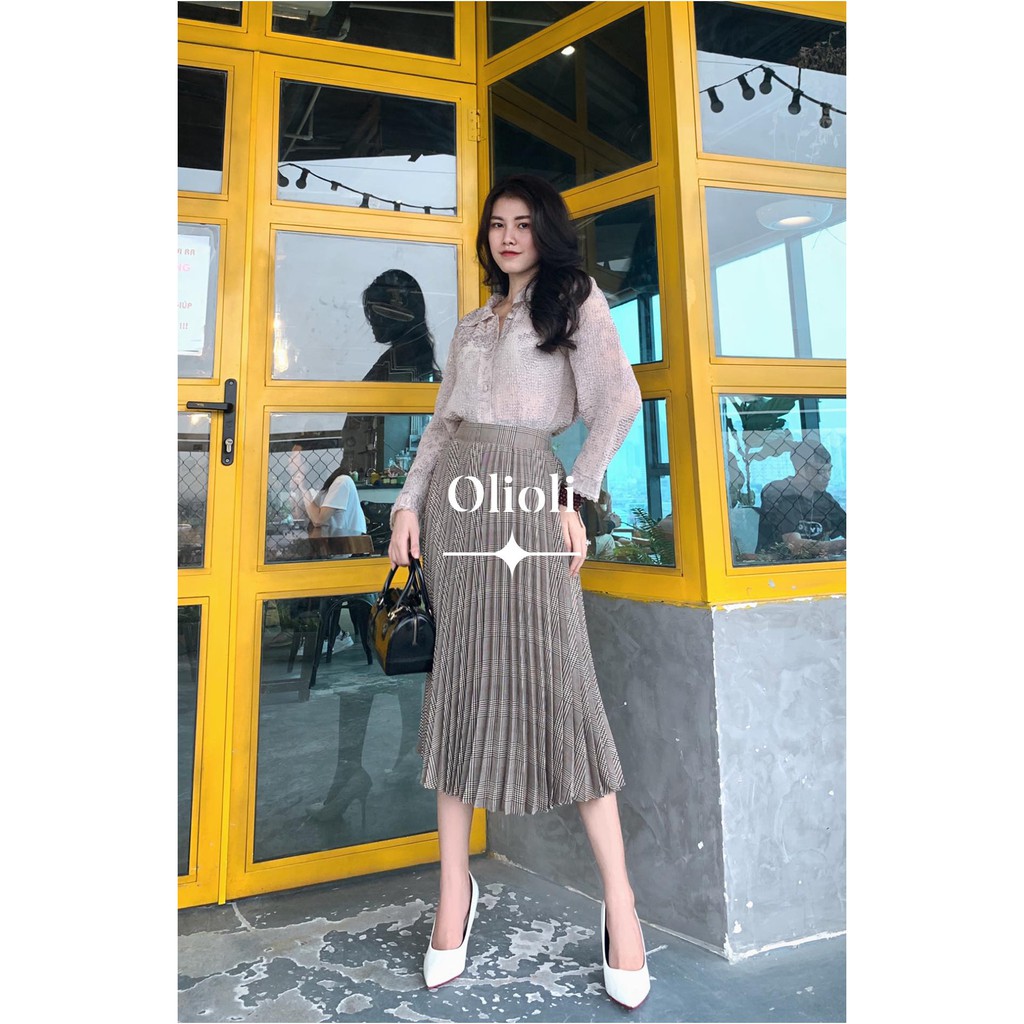 Combo 2 Chân váy xếp ly Olioli Fashion (Dài ngang gối màu xanh dương + caro màu xám ghi dáng midi)