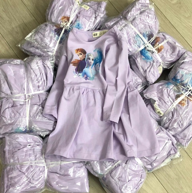 Váy cotton dài tay Elsa tím HM 1-10Y (có ảnh thật)