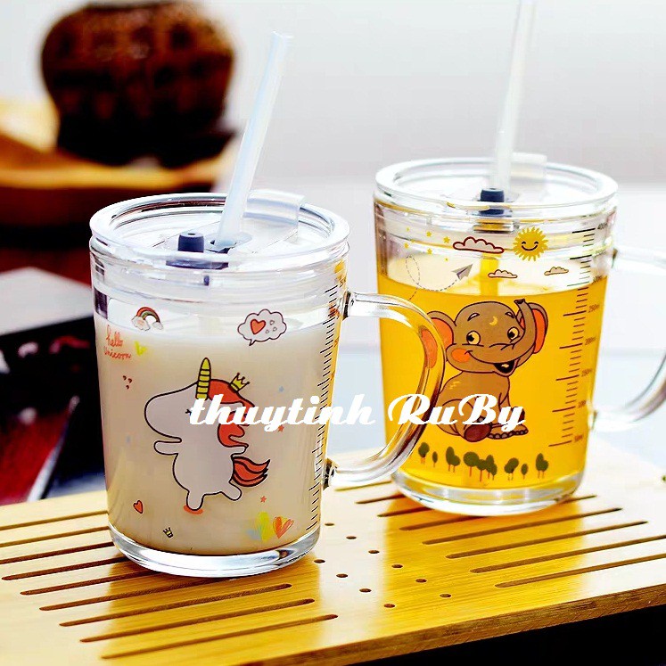 Bộ 2 Ly Quai Thủy Tinh Có Lỗ Ống Hút Uống Sữa 370ml, Ca Uống Nước Có Chia Vạch Đo