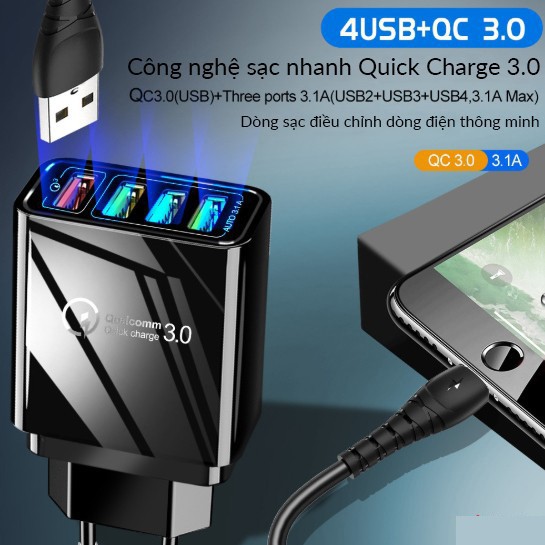 [𝑺𝒊𝒆̂𝒖 𝒏𝒉𝒂𝒏𝒉] Củ sạc điện thoại siêu nhanh hỗ trợ Quick Charge QC3.0 - 4 Cổng USB l Củ sạc hỗ trợ đèn led