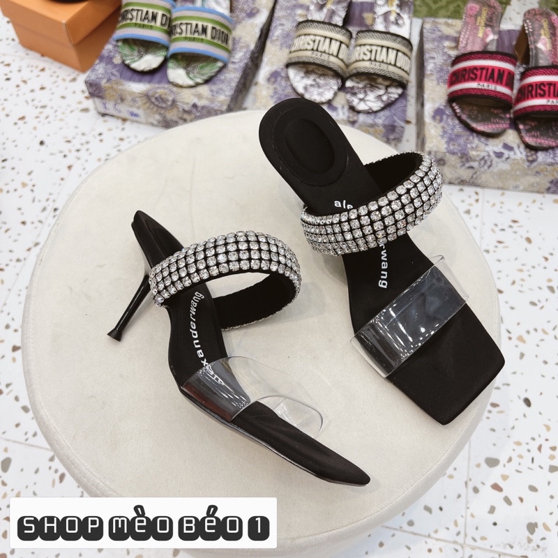 Guốc wang quai đá ngang mica gót nhọn fullbox