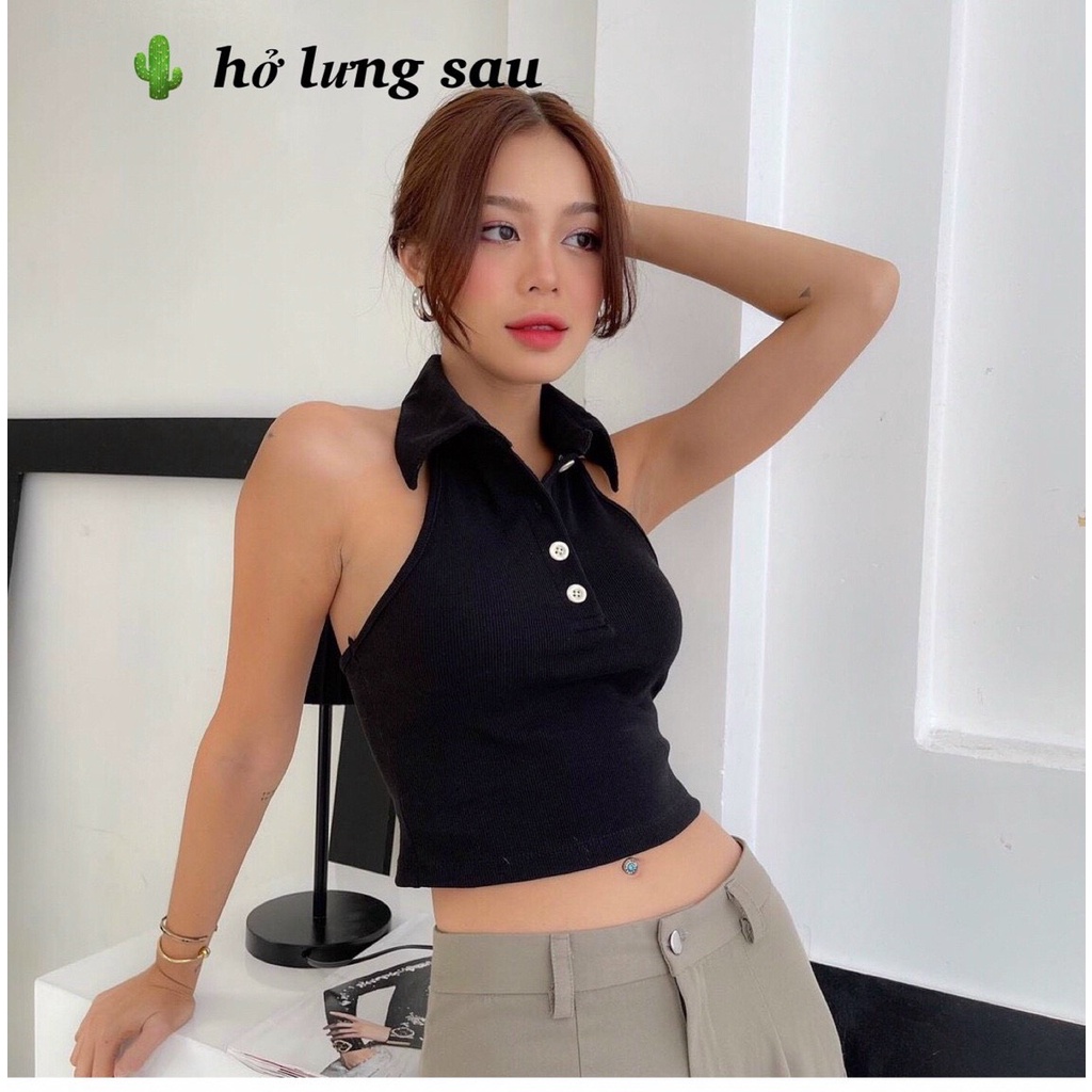Áo thun borip cổ trụ sát tay 2 nút hở lưng croptop pc