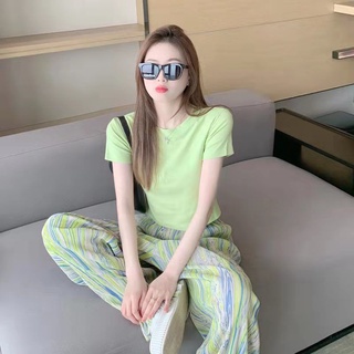 2022 summer new net red fried street fashion suit women's solid color versatile T-shirt with high waist and contrast color wide leg casual pants
