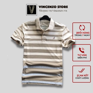 Áo thun nam tay ngắn có cổ polo kẻ sọc thêu A cao cấp mới, áo phông form rộng Vincenzo Store