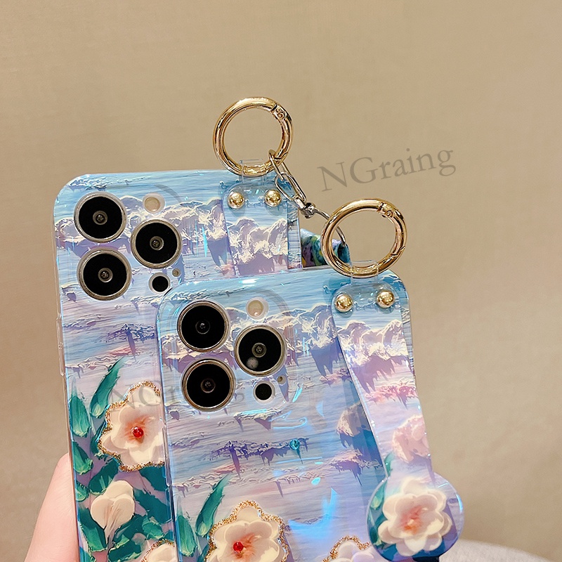 Ốp điện thoại hoa trà tranh sơn dầu cổ điển cho Oppo Reno 6 6z Reno6 Z Pro Reno5 4G 5G có giá đỡ dây đeo cổ tay Dây đeo chéo Vỏ bọc toàn bộ mềm