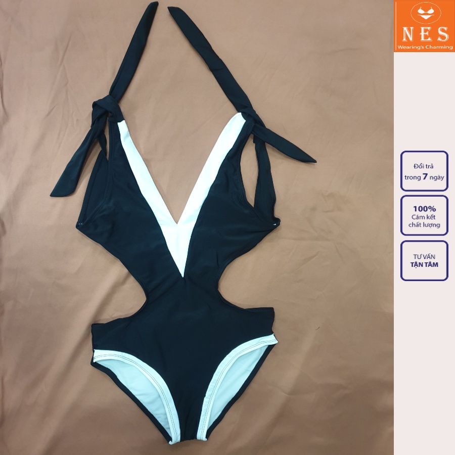 Bikini 1 mảnh liền thân đi biển đen phối trắng