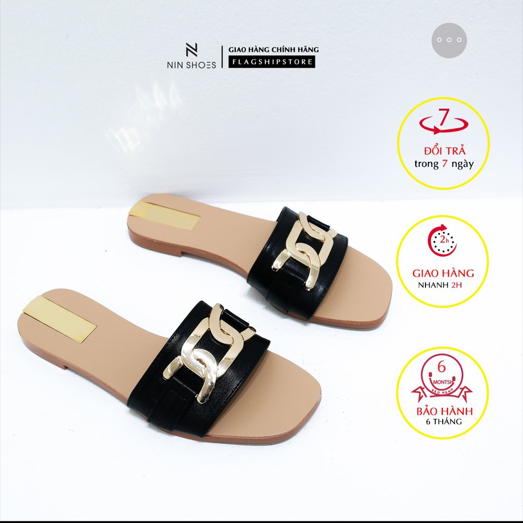 Dép lê nữ Nin shoes - Dép quai ngang nữ xích vàng mũi vuông đế bệt siêu xinh