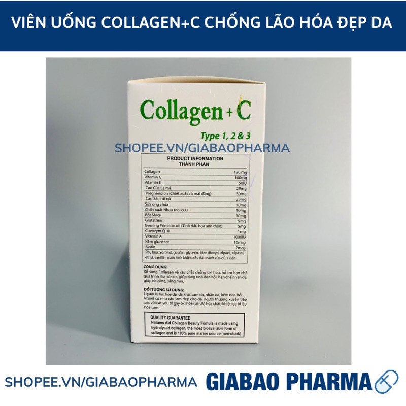 Viên uống COLLAGEN +C bổ sung collagen, vitamin e giúp chống lão hóa, cải thiện nếp nhăn - Hộp 60 viên dùng 30 ngày