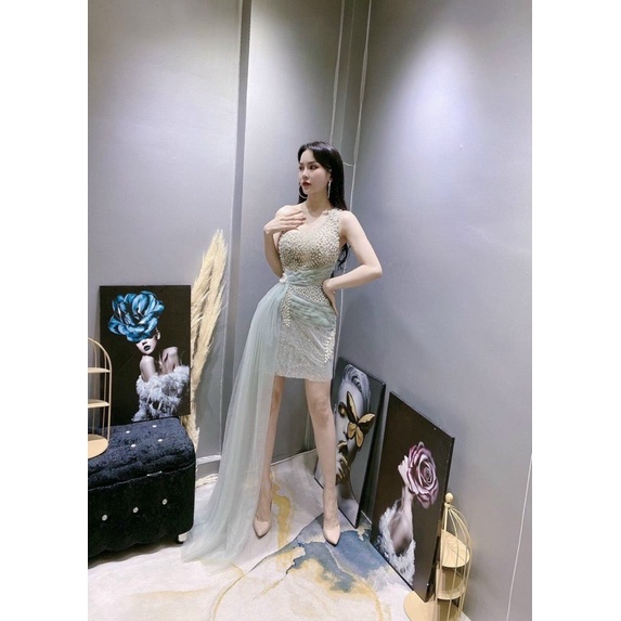 Ms1300Y ĐẦM KIM TUYẾN 1 VAI PHỐI LƯỚI DÀI SMLXL