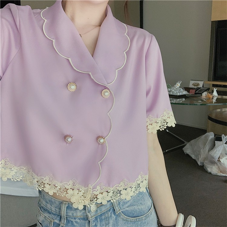 IELGY   Áo Sơ Mi Ngắn Tay Phối Ren Phong Cách Pháp Cổ Điển Thiết Kế Mới 2020 Dành Cho Bạn Nữ