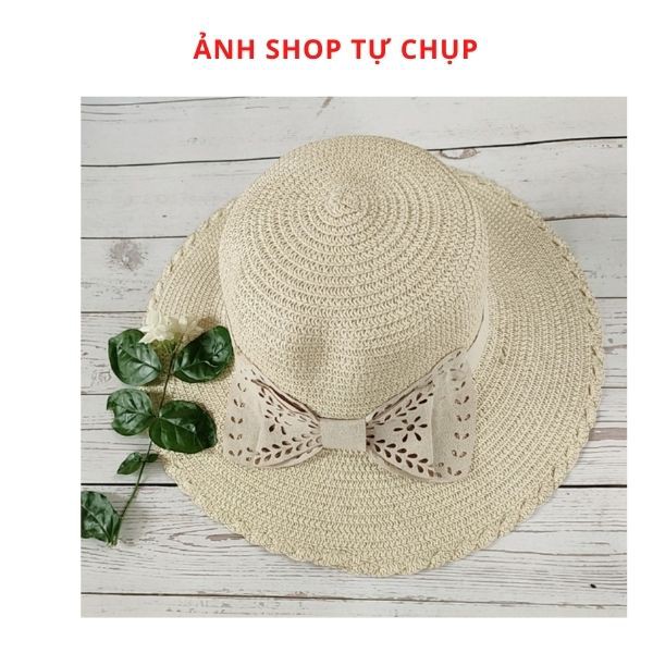 [Ảnh thật] Mũ cói đi biển, nón cói đi biển nữ vành rộng phối nơ