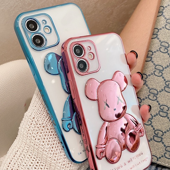 Ốp điện thoại hình gấu 3D mạ vàng hồng/xanh/tím cho iPhone 13 ProMax 12 ProMax 11 X Xr XsMax 8 7Plus