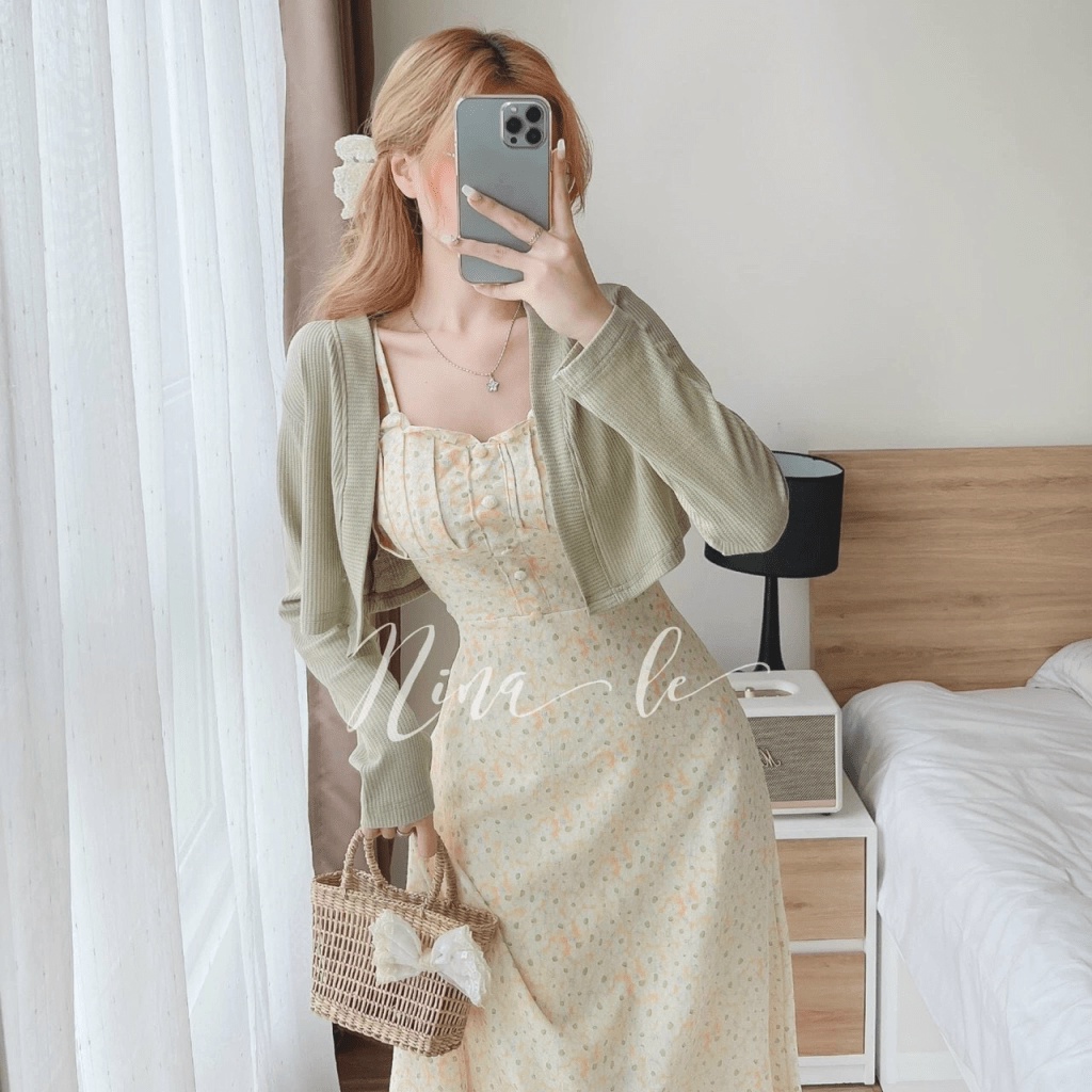 SÉT ĐẦM LỤA HOA PHỐI ÁO KHOÁC GÂN DÁNG LỬNG CỰC XINH