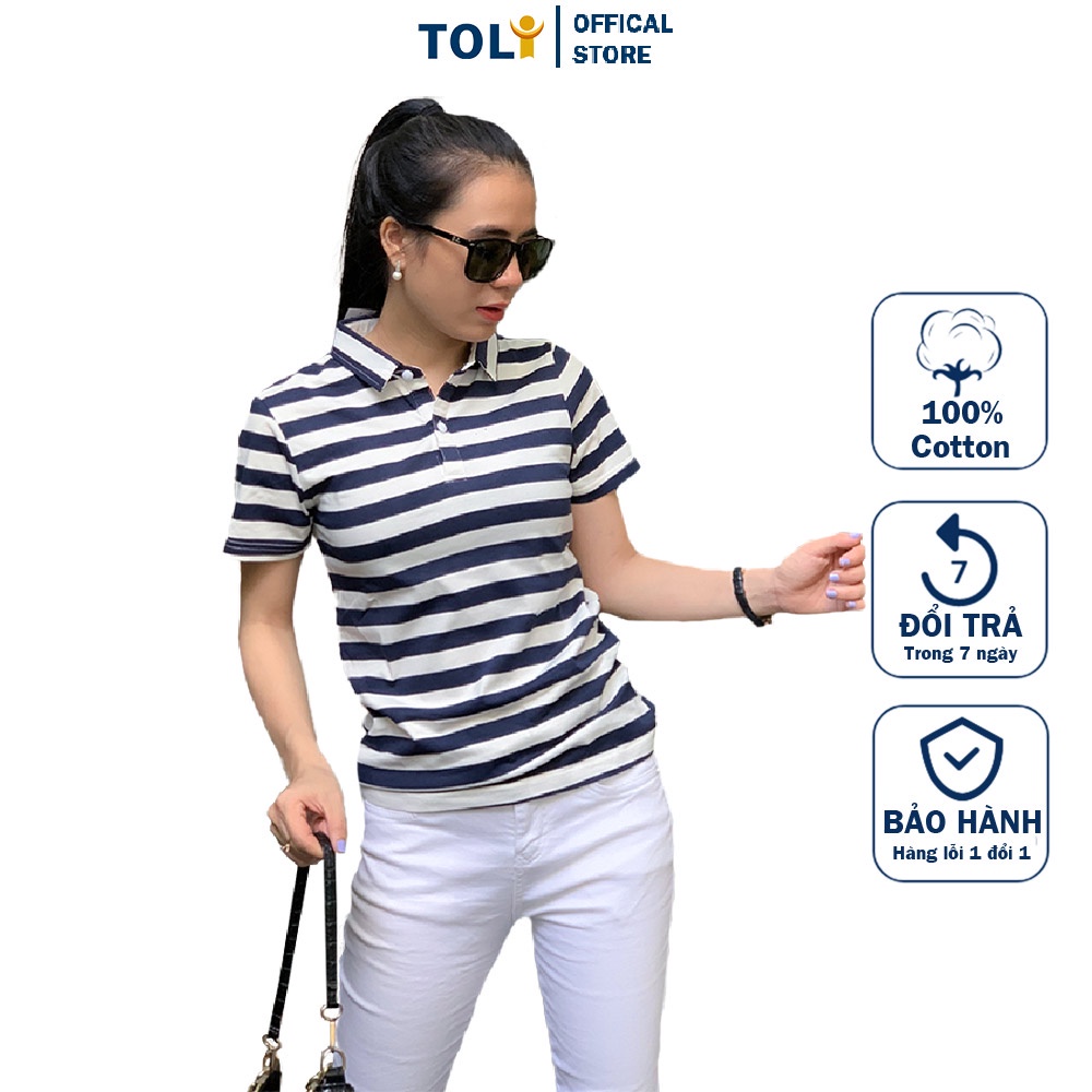 Áo Phong Nữ Cổ Sơ Mi (Cổ trụ) TOLI, Chất Cotton 4 Chiều Mềm Mịn, Co Giãn [Sọc mực-TFS82]