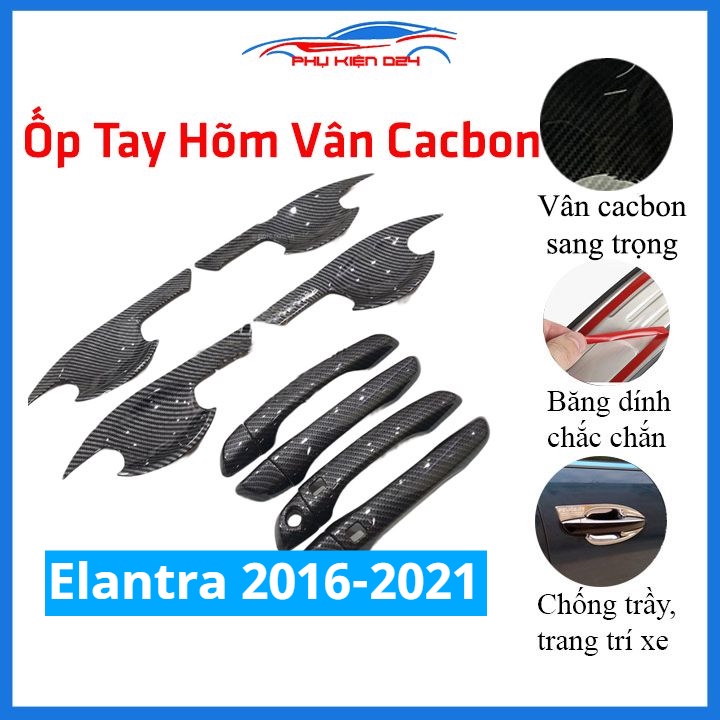 Ốp tay hõm Elantra 2016-2017-2018-2019-2020-2021 vân carbon, mạ crom chống trầy bảo vệ cửa xe ô tô