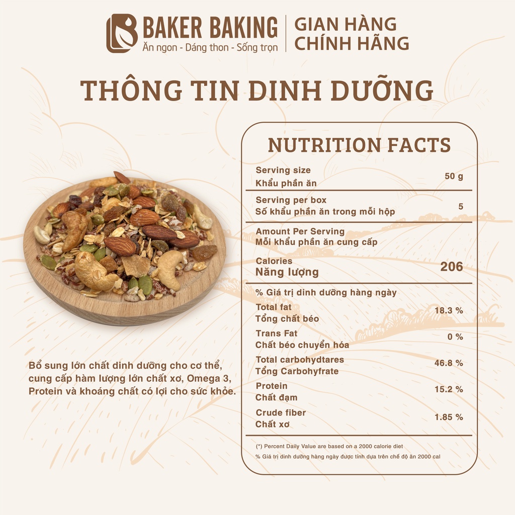 Granola siêu hạt 15% yến mạch Baker Baking, ngũ cốc không đường hỗ trợ ăn kiêng, giảm cân, mẹ bầu, healthy, eatclean