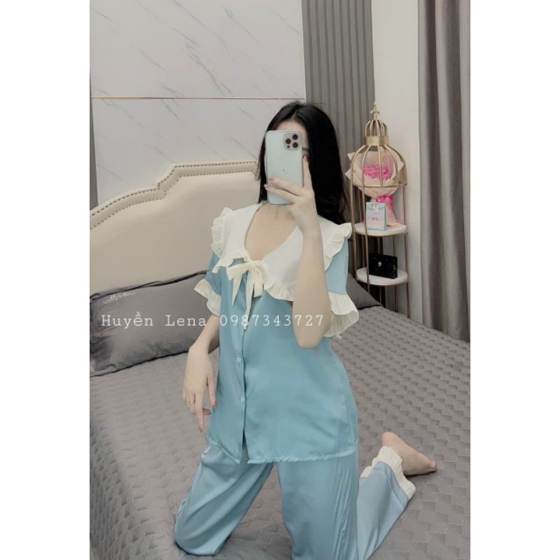 Bộ Pijama Lụa Cổ Sen Bèo Quần Dài | BigBuy360 - bigbuy360.vn