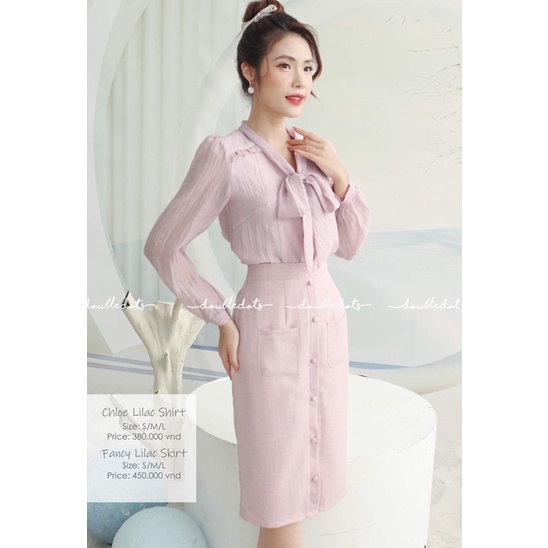 DOUBLE DOTS- Áo sơmi voan tơ có lớp lót, cổ nơ xinh xắn