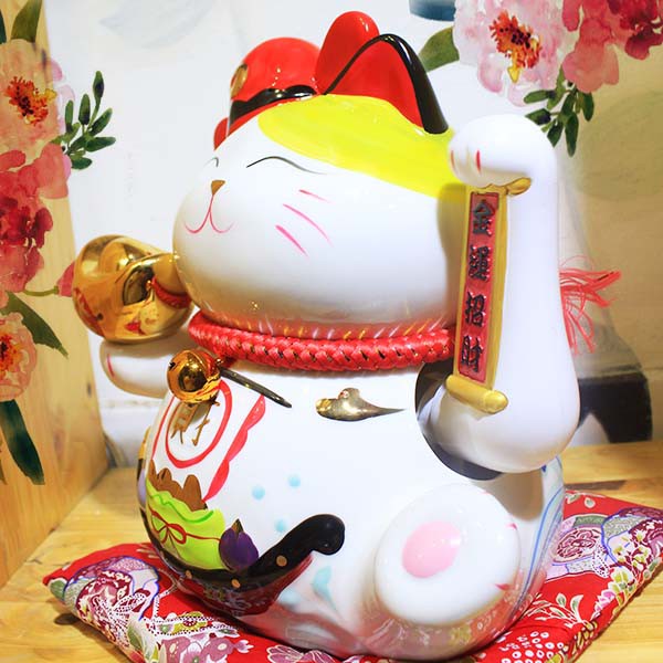 Mèo vẫy tay may mắn Lộc tiến vinh hoa 24cm gốm sứ, mèo thần tài nhật bản Maneki neko