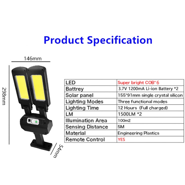 Đèn LED COB Hai Đầu Cảm Biến Chuyển Động PIR Siêu Sáng Chống Thấm Nước Sử Dụng Năng Lượng Mặt Trời Tiện Lợi Dành Cho Vườn Nhà