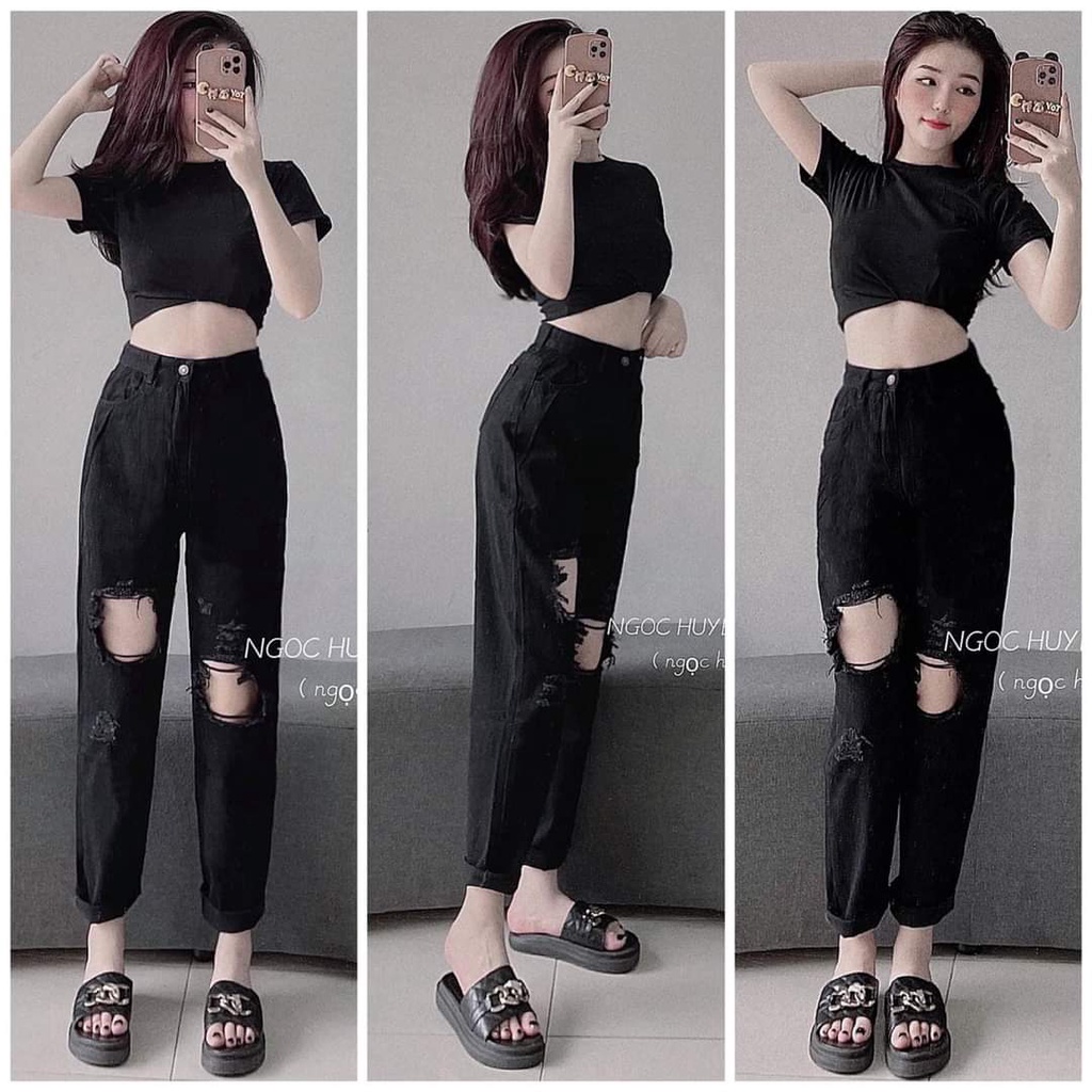 QUẦN JEAN BAGGY NỮ CẠP CAO MÀU ĐEN RÁCH KIỂU ĐẸP - QUẦN BÒ NỮ - CHẤT JEAN MỀM KHÔNG CO DÃN