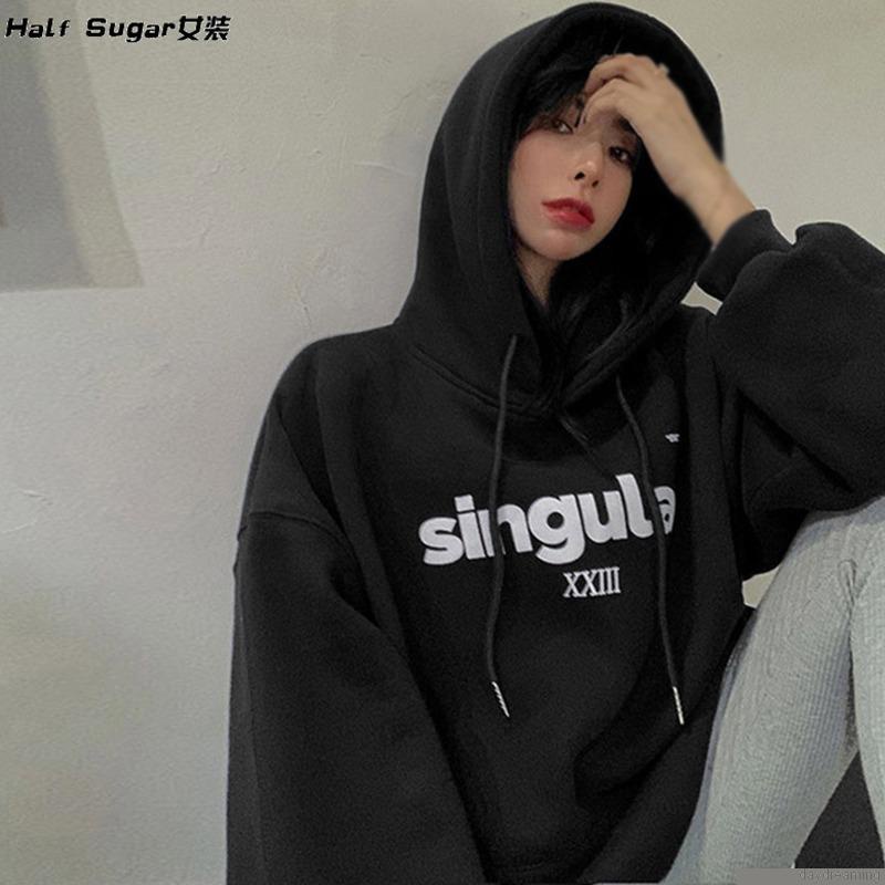 Áo hoodie tay dài dáng rộng có dây rút thời trang thu đông cho nữ