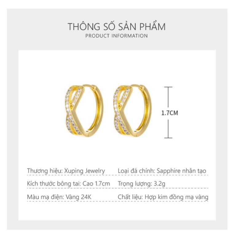 Bông Tai Nữ Mạ Vàng 24K Thiết Kế Hình Nơ, Dáng Khoen Tròn Đính Đá Sapphire - XPBT63