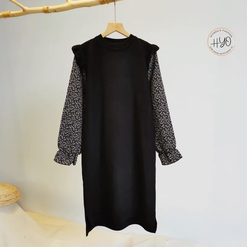 Váy len suông dáng dài tay voan bồng Len dệt kim cao cấp Quảng Châu