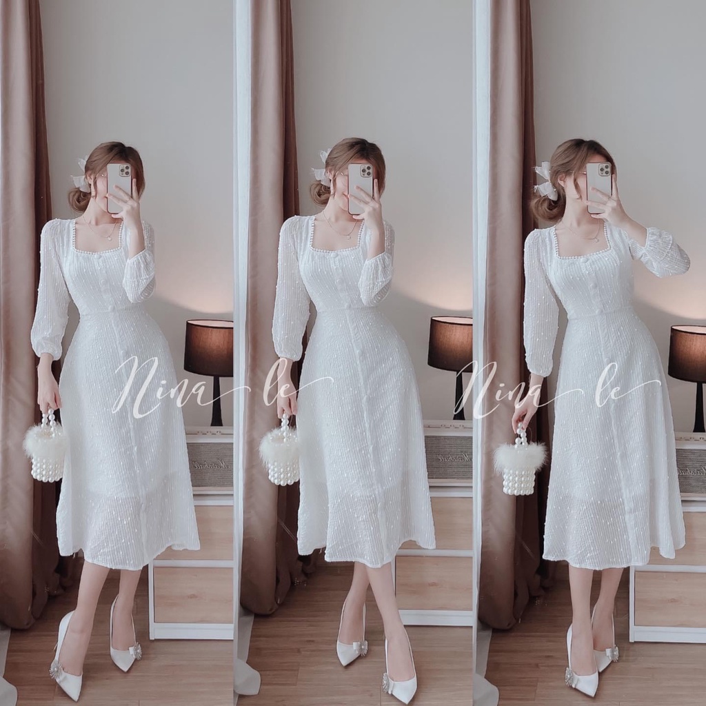 ĐẦM MIDI TAY BO DÀI CHẤM BI NỔI