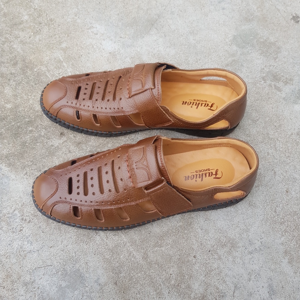 Giày rọ nam da bò cao cấp nguyên tấm đế khâu Giầy mùa hè đục lỗ thoáng khí đẹp mẫu mới H-1 màu nâu Men’s Summer Shoes