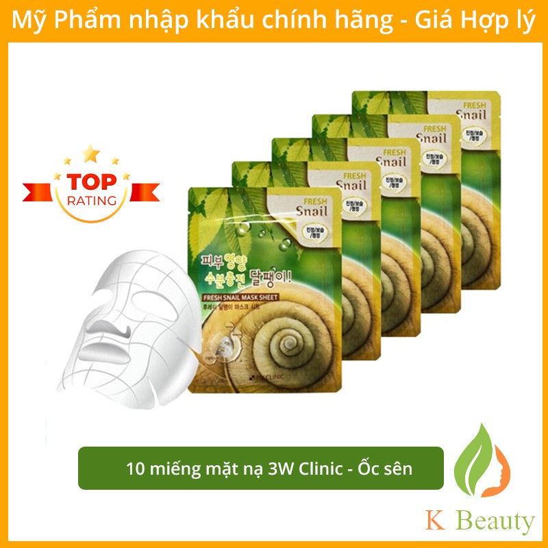 Bịch 10 Túi Mặt nạ giấy dưỡng trắng da chiết xuất dịch nhầy ốc sên - 3W Clinic Fresh Snail Mask Sheet - Hàn Quốc 23mlx10