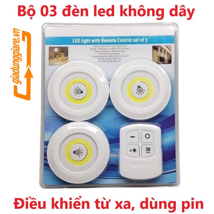 Bộ 3 Đèn LED điều khiển từ xa dùng pin , dán tường không dây với 2 chế độ sáng (Ánh sáng trắng)