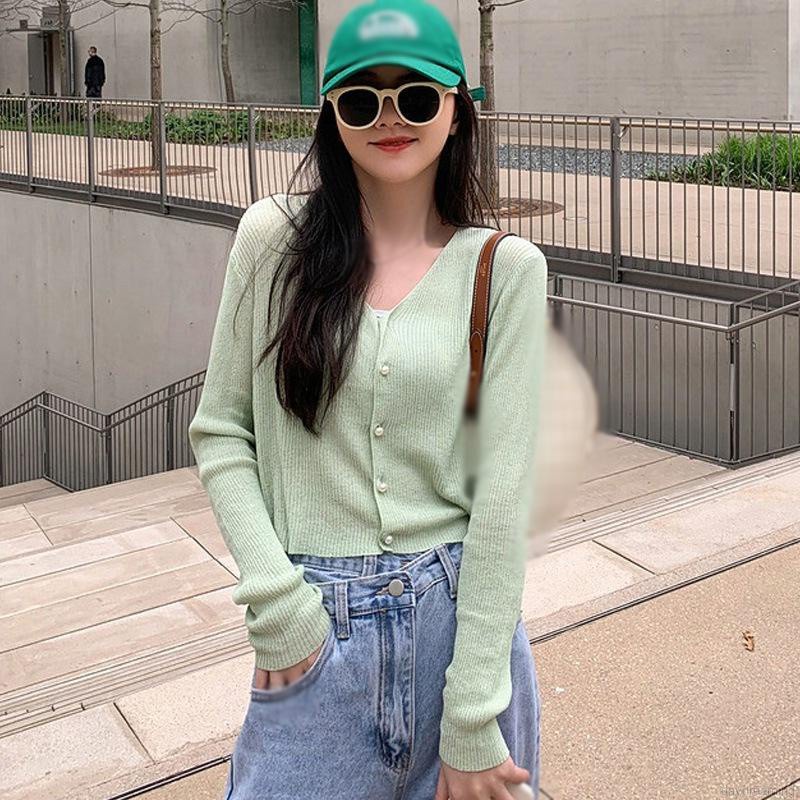 Áo Cardigan Dệt Kim Mỏng Tay Dài Cổ Chữ V Màu Sắc Đơn Giản Cho Nữ