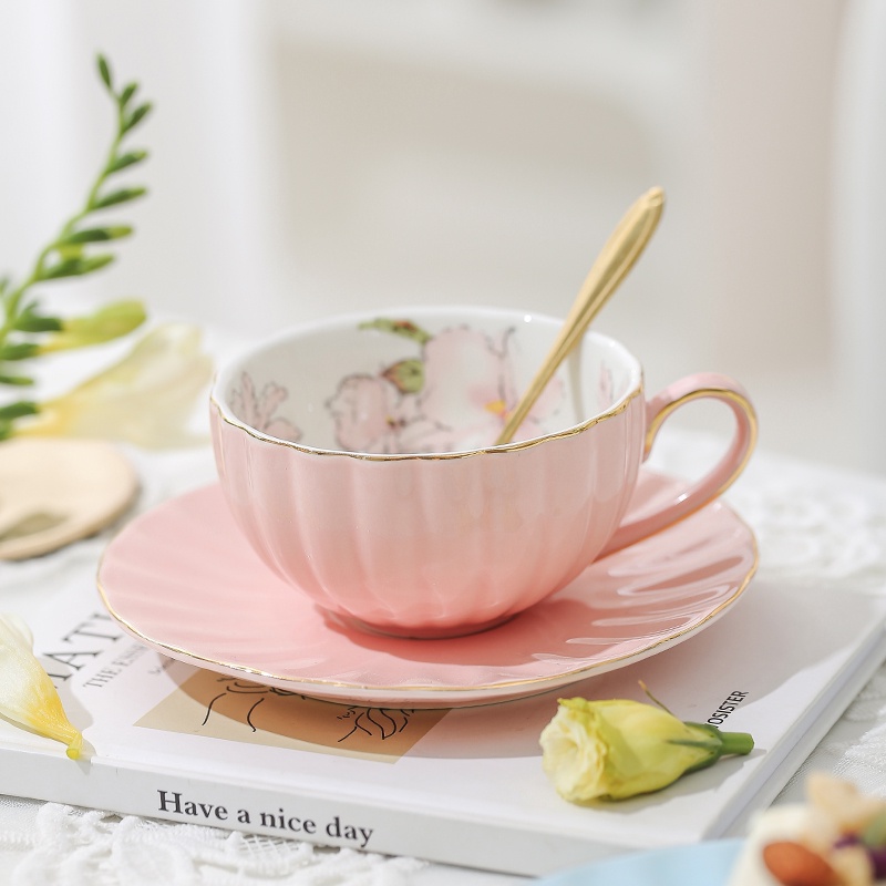 Bộ Cốc Uống Cà Phê/Trà Bằng Sứ Họa Tiết Hoa Thanh Lịch Phong Cách Châu Âu Tinh Tế