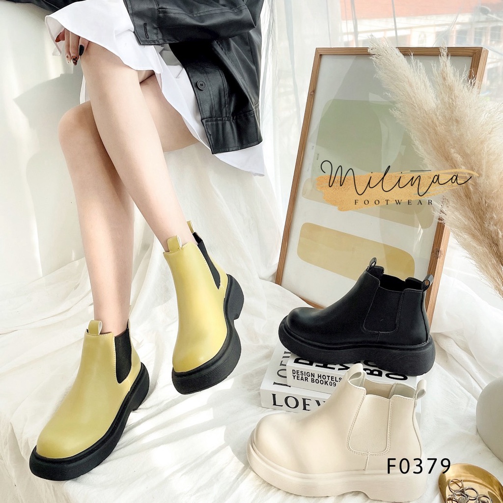 GIÀY ANKLE BOOTS ĐẾ 3P CAO CỔ DA TRƠN CỔ THUN F0379