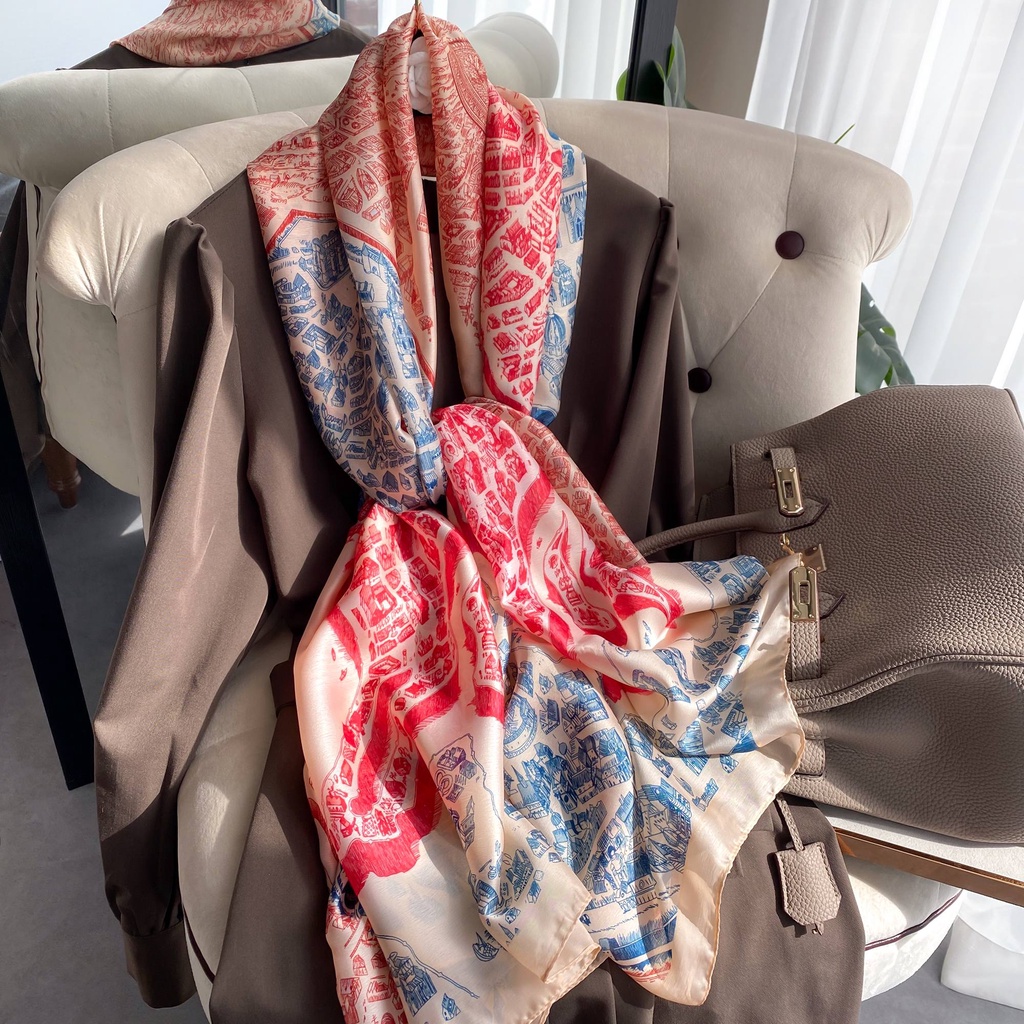 Khăn Choàng Lụa Dáng Dài Chống Nắng In Họa Tiết Thành Phố Thời Trang Cho Nữ