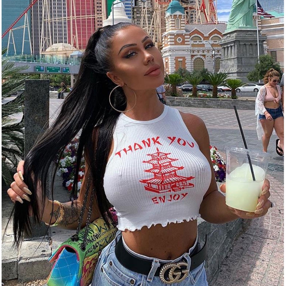 Áo nữ croptop không tay in chữ thời trang