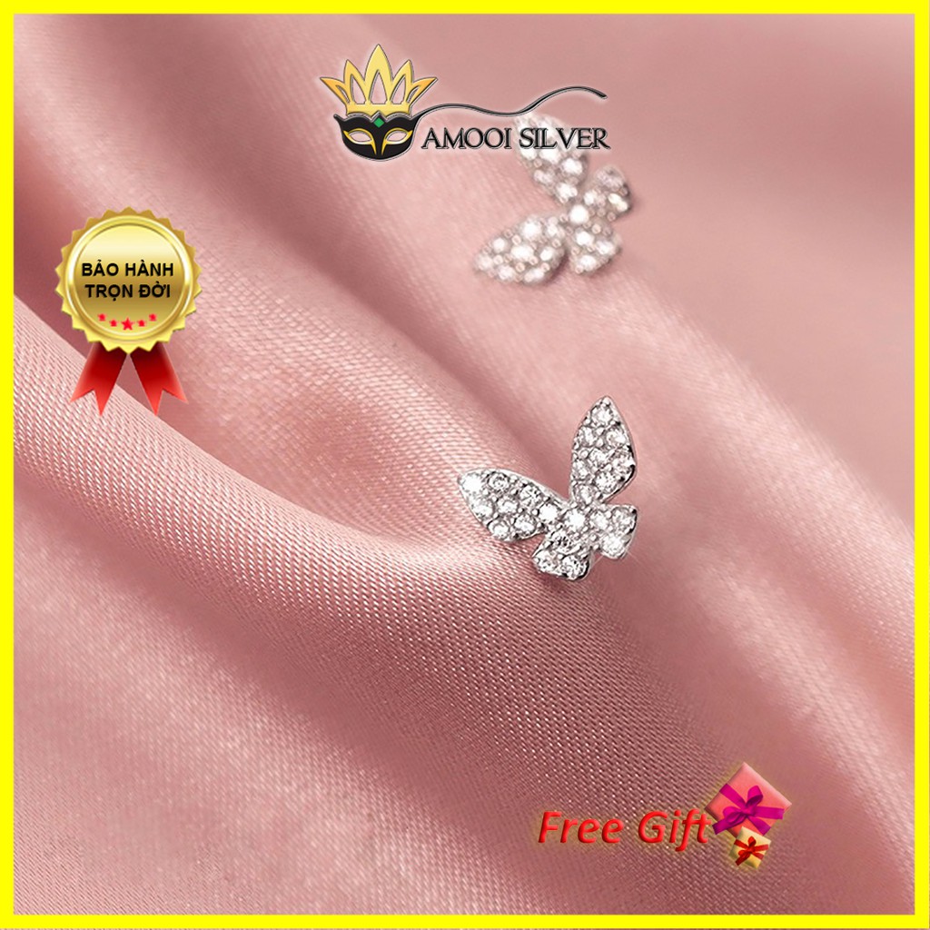 Bông tai bạc S925 bướm nạm đá CZ - Amooi Silver AB162