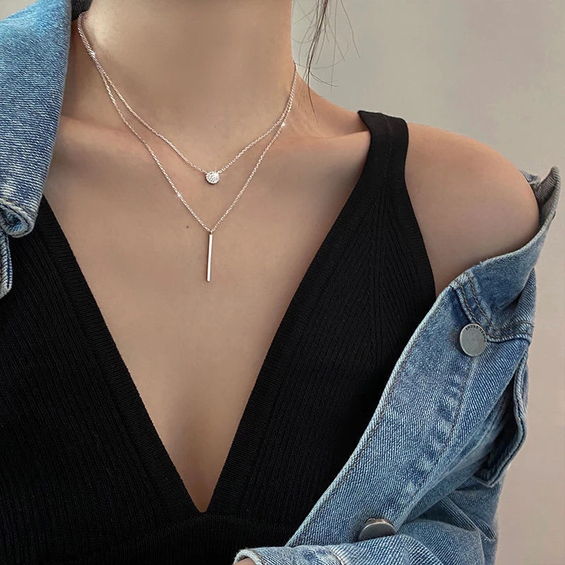 Vòng Cổ Choker Hai Lớp Dạng Thanh Dài Đính Đá Zircon Phong Cách Hàn Quốc Thanh Lịch Cá Tính