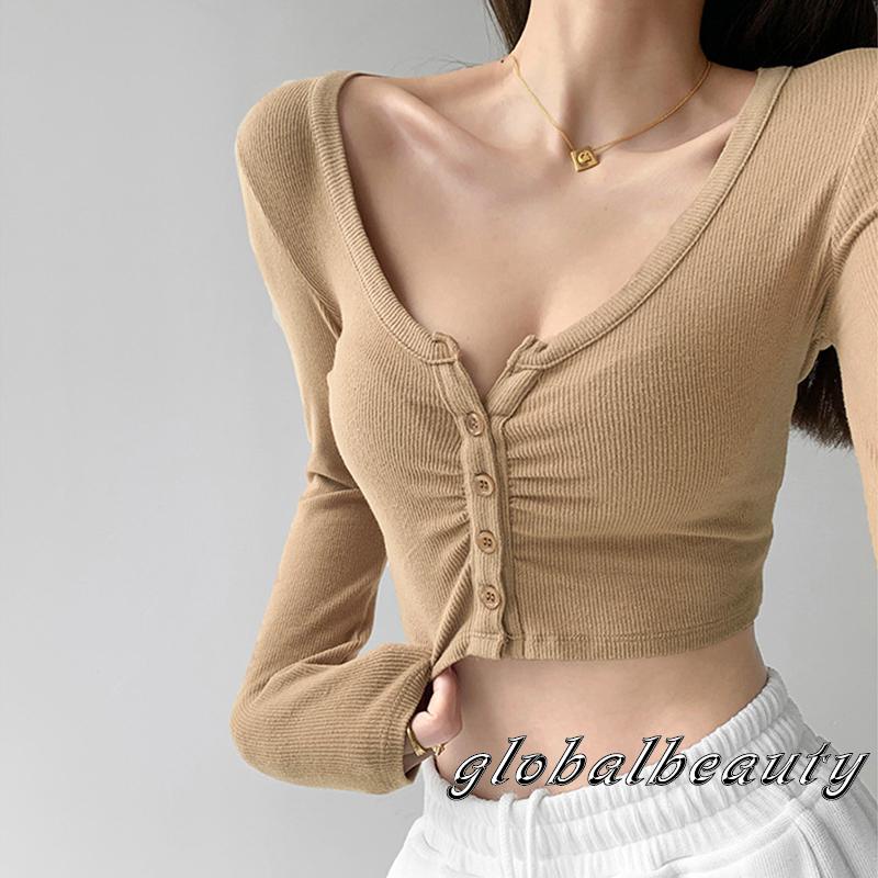 Áo Croptop Dệt Kim Tay Dài Cổ Chữ V Màu Sắc Thanh Lịch