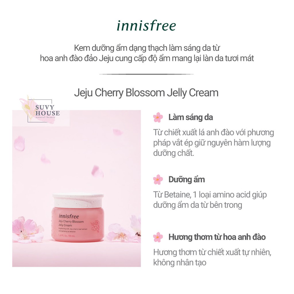Kem Dưỡng Innisfree Cherry Blossom Glow Tone Up Cream + B3 50ml Jelly Cream , Kem dưỡng trắng da hoa anh đào Innis