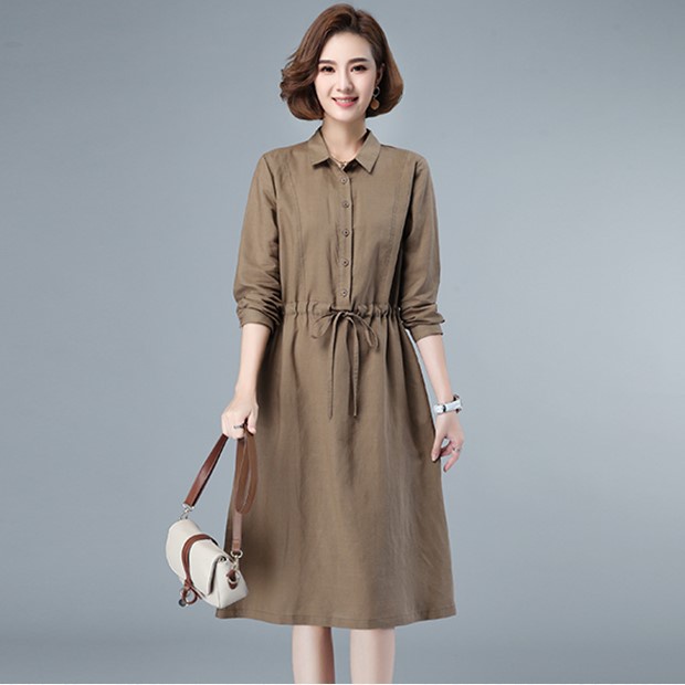 Đầm Công Sở Thu Đông Sơ Mi Cúc Cài Kèm Dây Thắt Lưng Chất Linen Màu Nâu, Xanh Đen Da178
