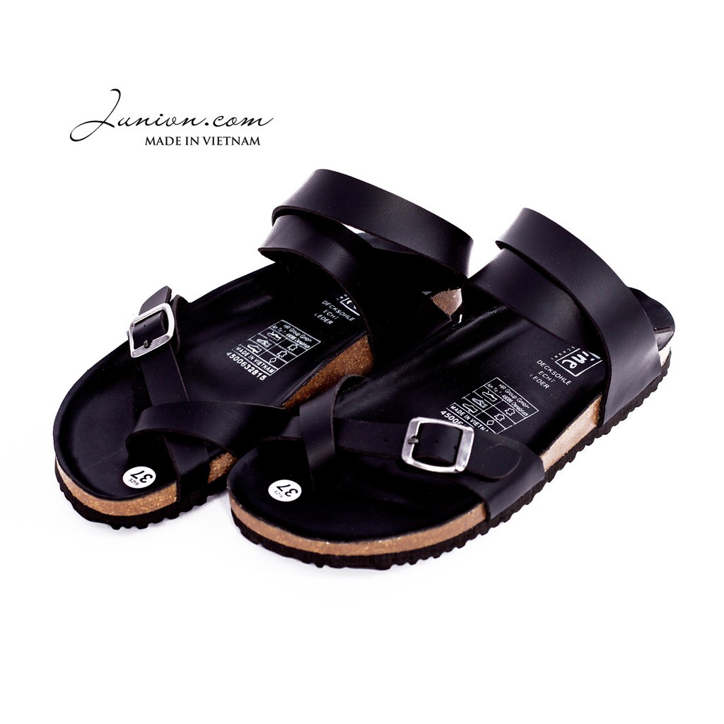 [DA PU/CHỐNG NƯỚC] PU16-Dép da sandal cao cổ Unisex, Màu đen, đế trấu Bioline Birken- Xuất khẩu châu Âu - Juni Store ):