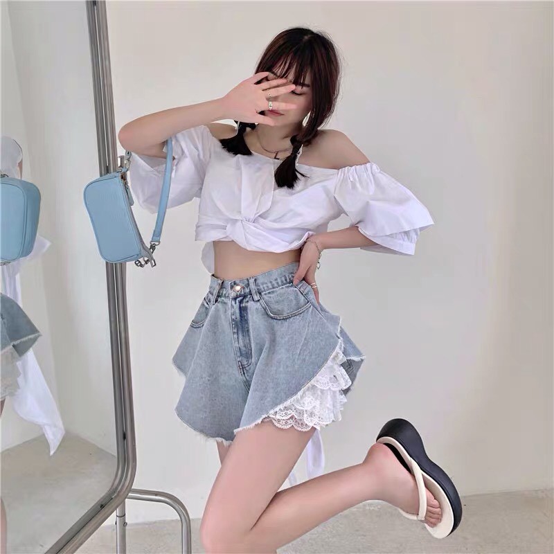 [ORDER]- Áo croptop buộc nơ tay phồng/ Quần ren tầng/ Quần short jeans tua dáng xòe