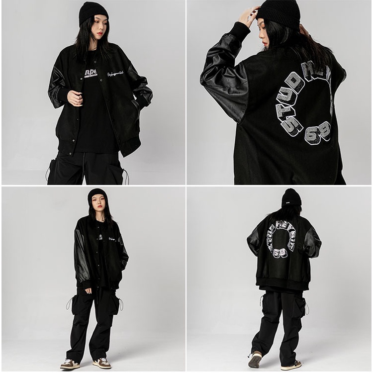 Áo khoác bomber Nelly phối da cao cấp in hình "HEYBIG 68" áo Varsity