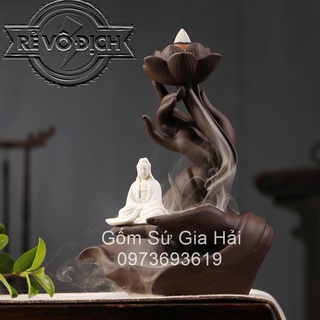 Thác khói trầm hương Thủ Ấn Phật kèm hoa sen cắm nhang tặng 5 nụ trầm