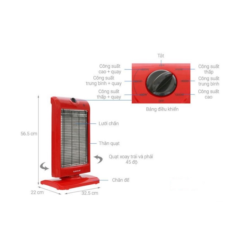 Đèn Sưởi 3 Bóng Halogen Sunhouse SHD7016 ,  Máy Sưởi Điện Đèn Thạch Anh Không Gây Khô Da Và Khó Thở  - BH 12 Tháng