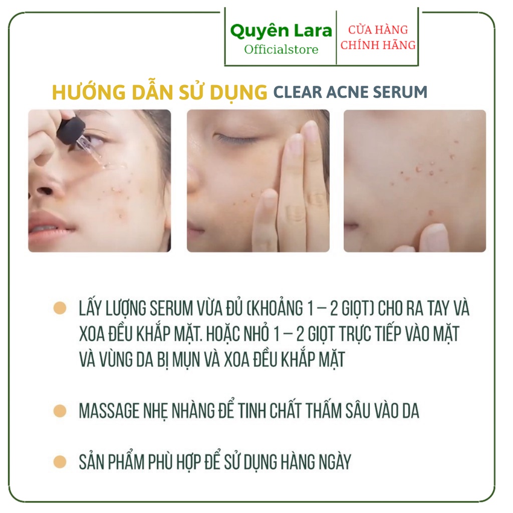 Serum Ngăn Ngừa Mụn Và Thâm ,Se Khít Lỗ Chân Lông Giúp Da Sáng Mịn Clear Acne Quyên Lara 12Ml