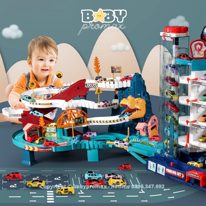 Bộ đồ chơi đường đua khủng long siêu tốc kết hợp garage đỗ xe ô tô 5 tầng kích thước lớn cho bé Baby promax