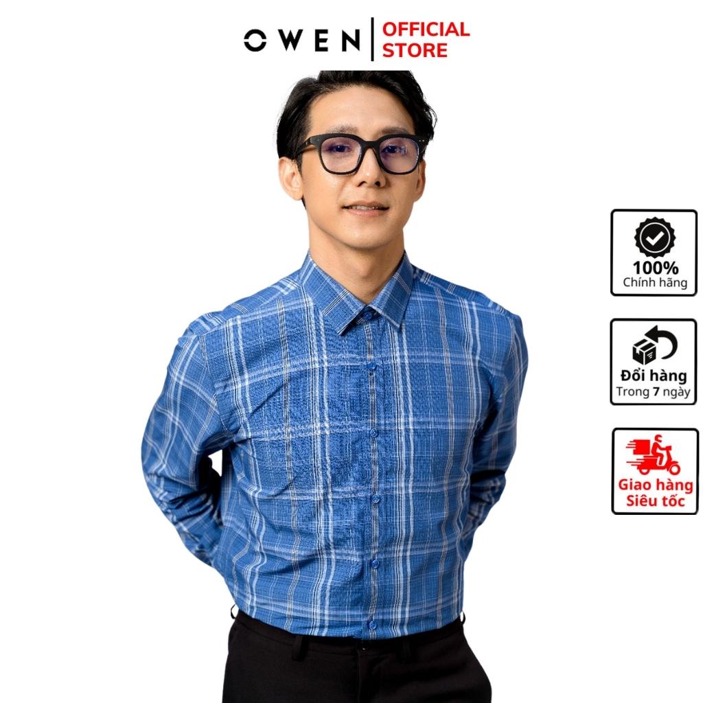 Áo sơ mi dài tay nam OWEN AR23380D công sở Vải Sợi Tre Màu Xanh Navy Kẻ Caro Trắng Dáng Regular Fit Tà Lượn Không Túi